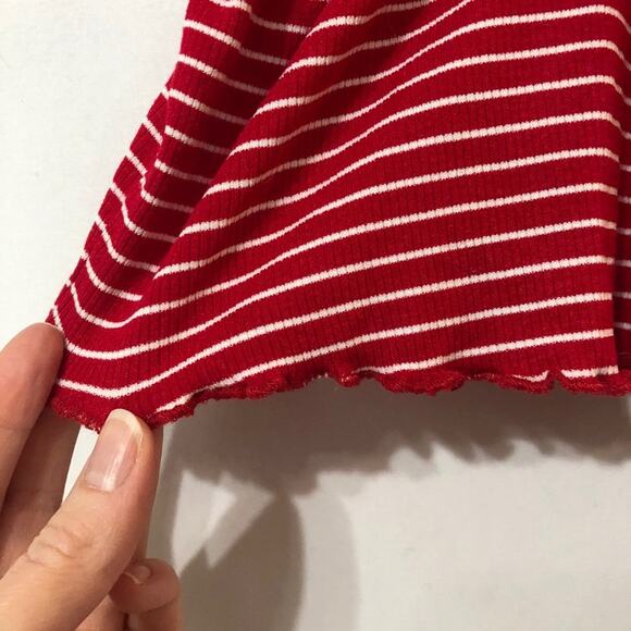 Lulus Red White Striped Cropped Short Sleeve Tee Womens XS Ruched Girly Ruffled - Picture 3 of 7